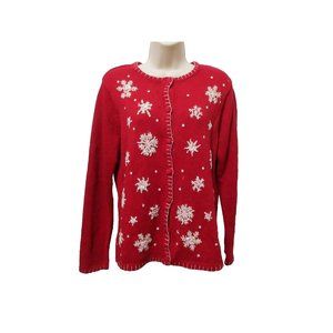 VTG White Stag Christmas Cardigan Sweater Small Red Embroidered White Snowflakes